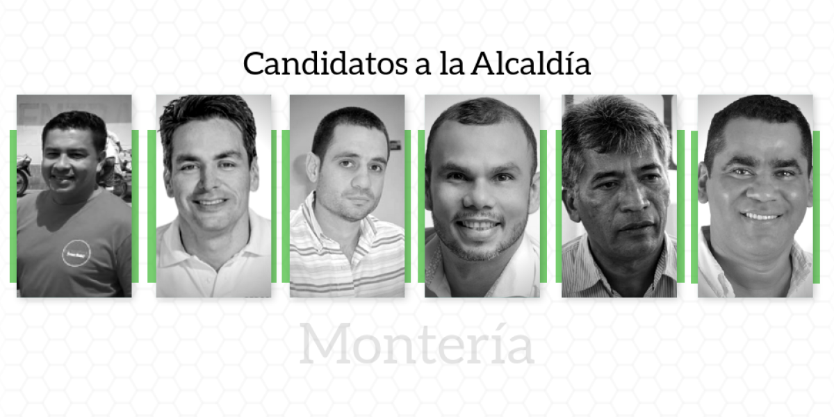 Candidatos a la Alcaldía de Montería (de izquierda a derecha): César Obeid, Carlos Ordosgoitia, Salim Ghisays Martínez, Luis Ballesteros, Luis Alfredo Jiménez y Yasser Alvear.