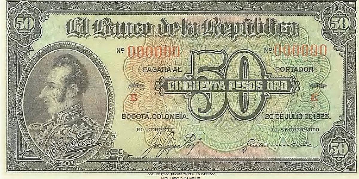 Billete de 50 pesos con la imagen del prócer de la independencia Antonio José de Sucre.