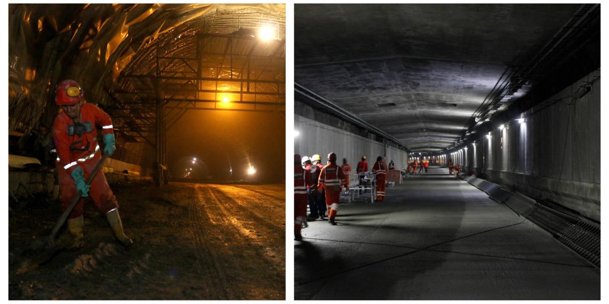 En la izquierda, una imagen de los trabajos que se realizan en el túnel de la Línea; en la derecha, el túnel de Oriente, que será entregado mañana.