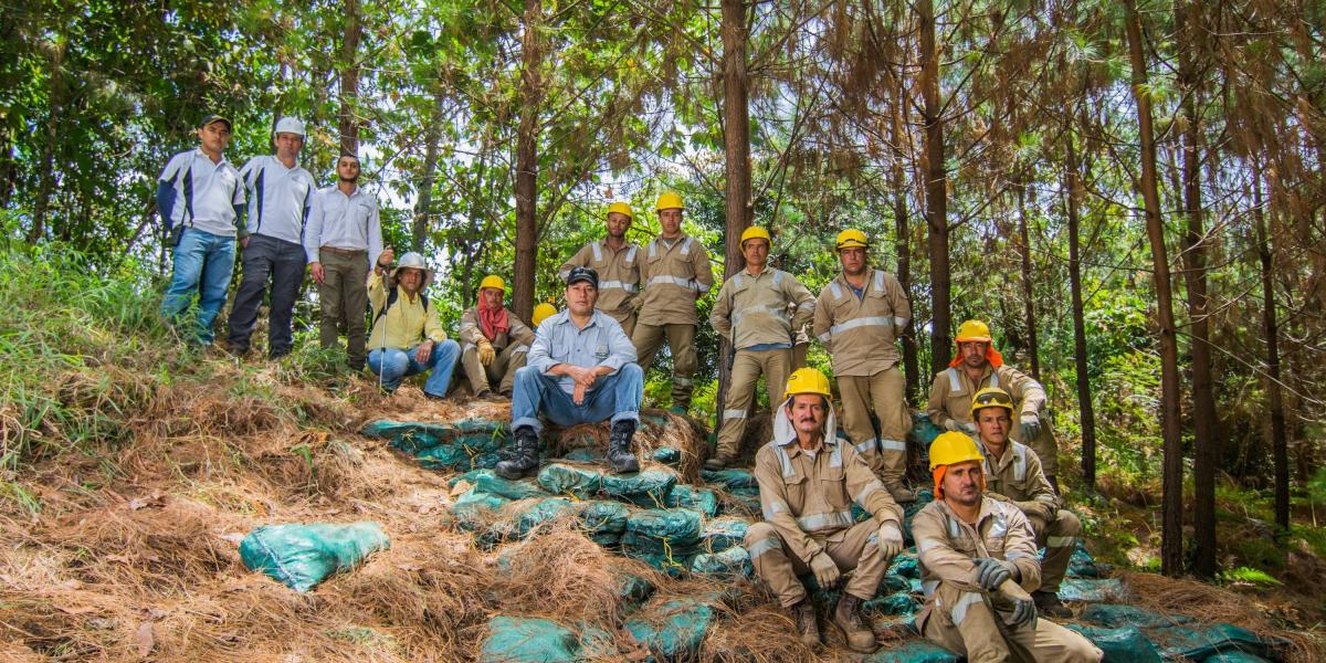 Grupo de Anglo Gold, en una pausa de las labores de recuperación ambiental en Jericó, Antioquia.
