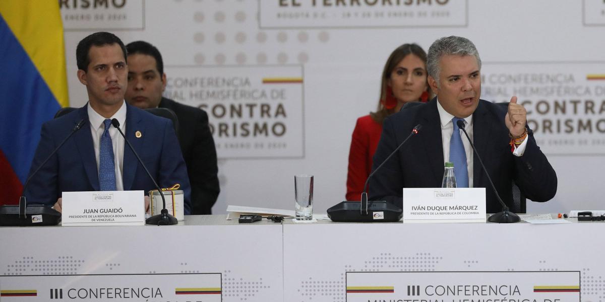 El presidente Iván Duque y Juan Guaidó durante la Conferencia Ministerial Hemisférica contra el Terrorismo