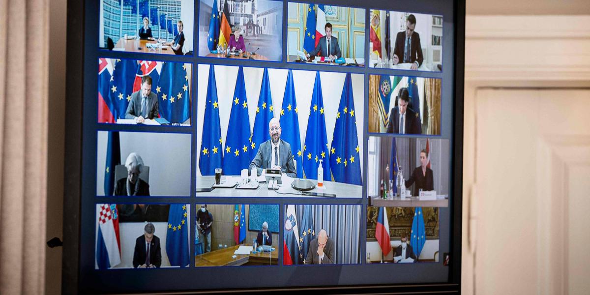 Líderes de los países miembros de la UEen la reunión telemática para acordar soluciones ante la crisis del coronavirus.