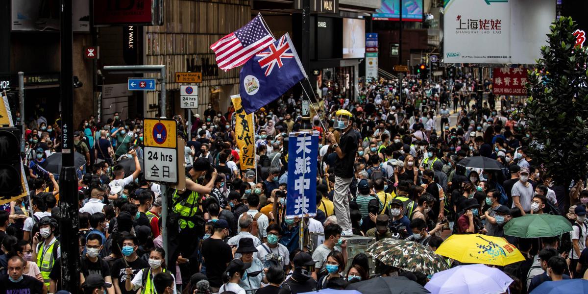 Protestas en mayo de 2020 en contra de la ley de seguridad del gobierno chino para Hong Kong.