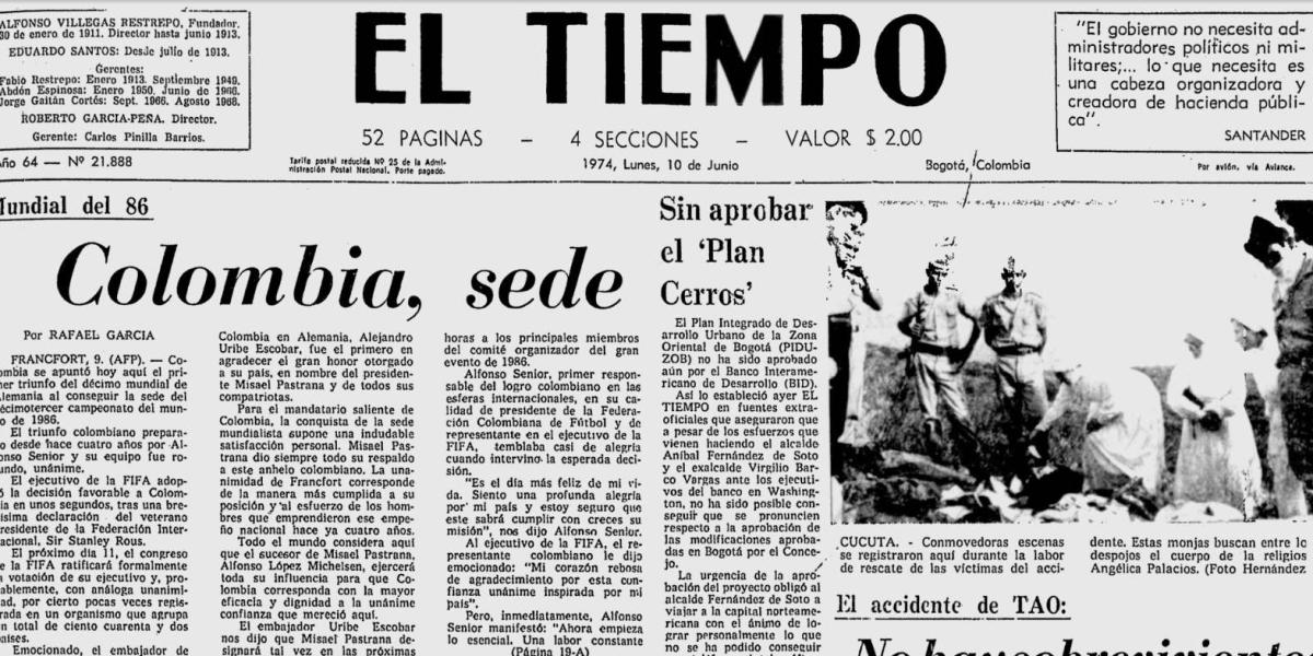 Así anunció EL TIEMPO, el 10 de junio de 1974, la elección de Colombia como sede del Mundial de 1986.