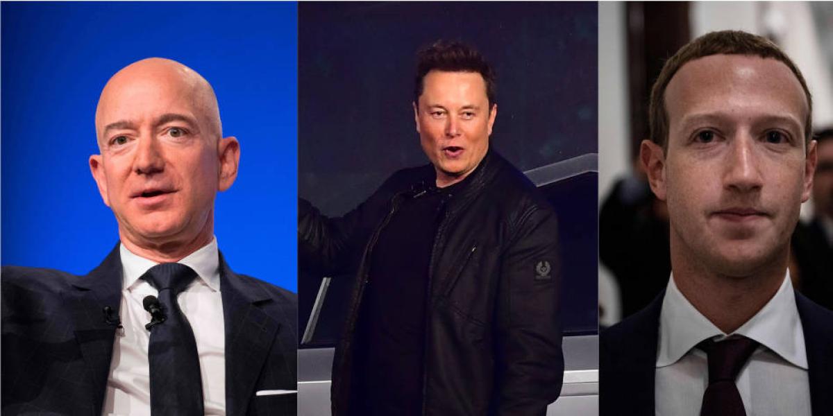 Jeff Bezos, fundador de Amazon; Elon Musk, director de SpaceX; y Mark Zuckerberg, fundador de Facebook.