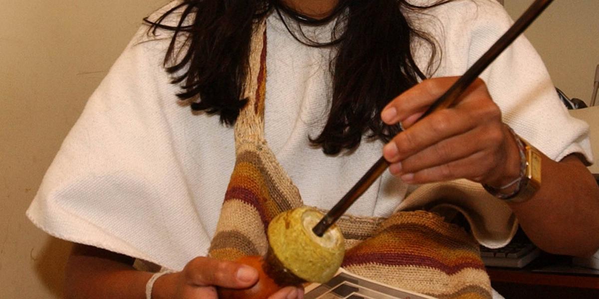 El uso del poporo y el ayú (hoja de coca) es tradicional para los hombres del pueblo arhuaco. En la foto, una muestra de estos elementos.