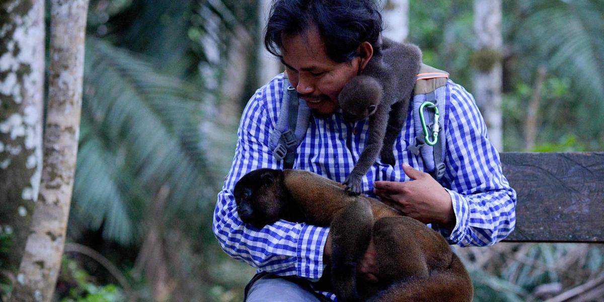 Monos lanudos rodean al director de la fundación Maikuchiga, Jhon Jairo Vásquez, en la comunidad indígena de Mocagua, cerca de Leticia.