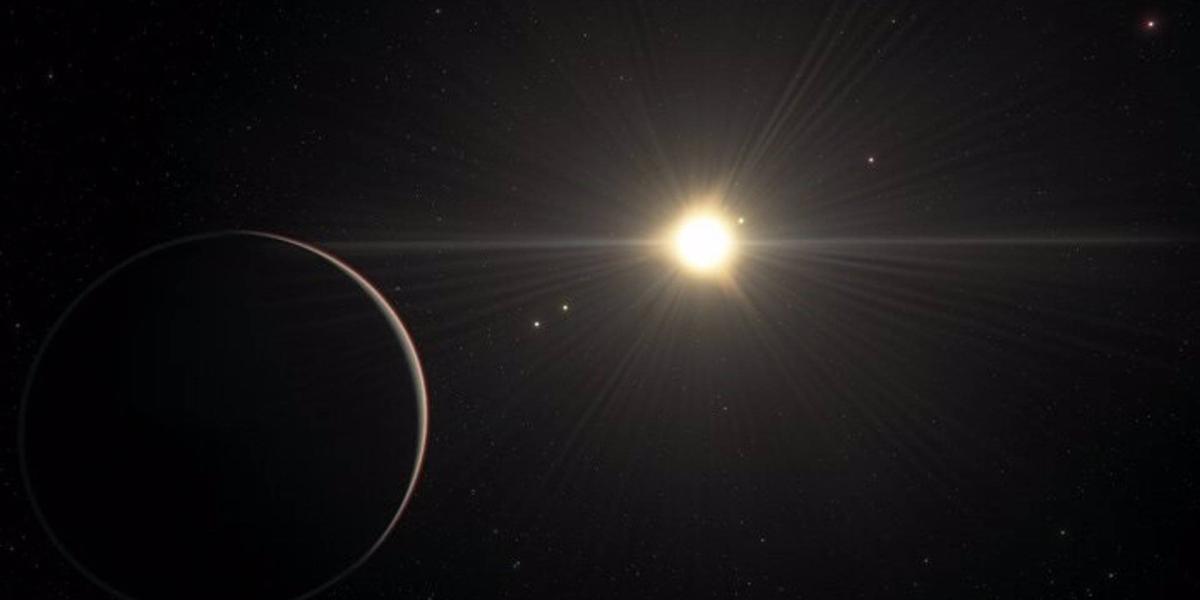 La impresión de este artista muestra la vista desde el planeta en el sistema TOI-178 que se encuentra orbitando más lejos de la estrella.