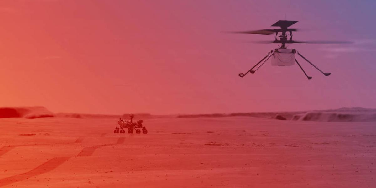 Una ilustración del helicóptero Ingenuity de la NASA volando en Marte