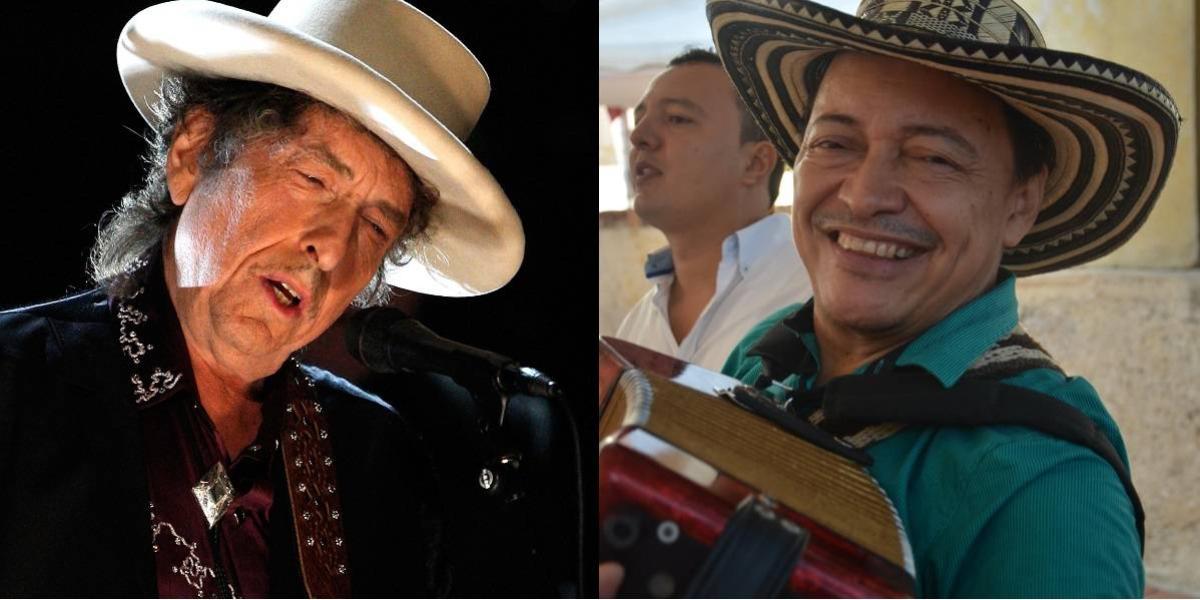 Bob Dylan durante una presentación en Los Ángeles en el 2009. A la derecha, el rey vallenato 2020, Manuel Vega.