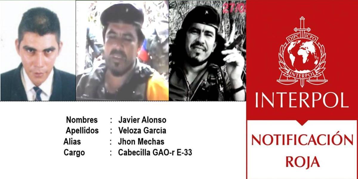 Javier Alonso Veloza García, alias de Jhon Mechas, será buscado en 196 países del mundo, que integran Interpol.