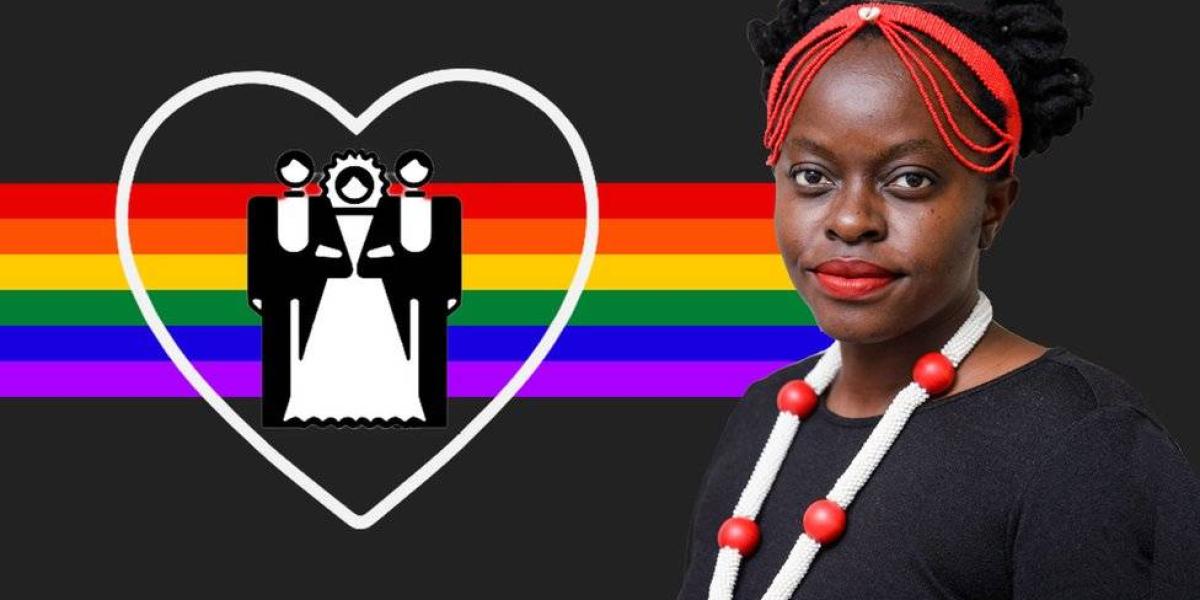 BBC Mundo: Muvumbi Ndzalama con una pancarta LGBT detrás y un símbolo de corazón con una ilustración de una mujer con dos hombres a cada lado