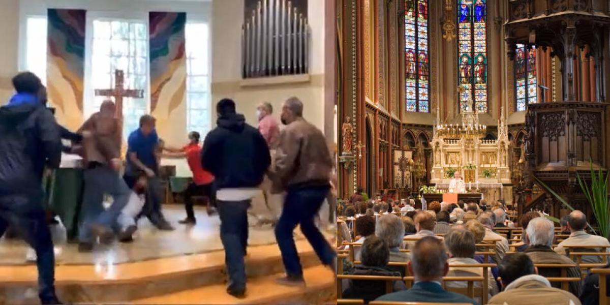 Captura de video en el que se arma una pelea por un feligrés que ignoró una prohibición de ingreso a una iglesia.