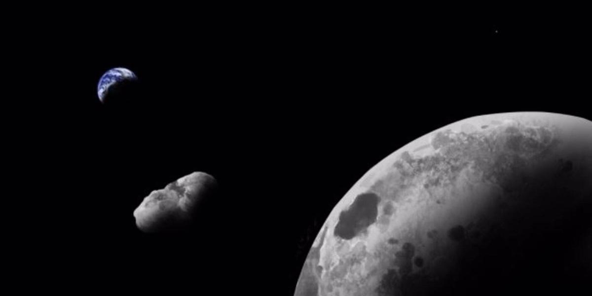 Impresión artística del cuasi satélite de la Tierra Kamo`oalewa cerca del sistema Tierra-Luna. Usando el gran telescopio binocular, los astrónomos han demostrado que podría ser un fragmento perdido de la luna.