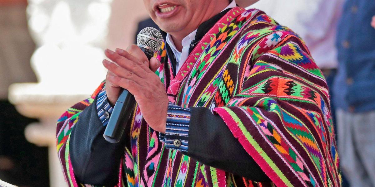 El presidente peruano Pedro Castillo entregando un informe sobre sus primeros 100 días en el cargo en Ayacucho, en el centro de Perú, el 10 de noviembre de 2021.