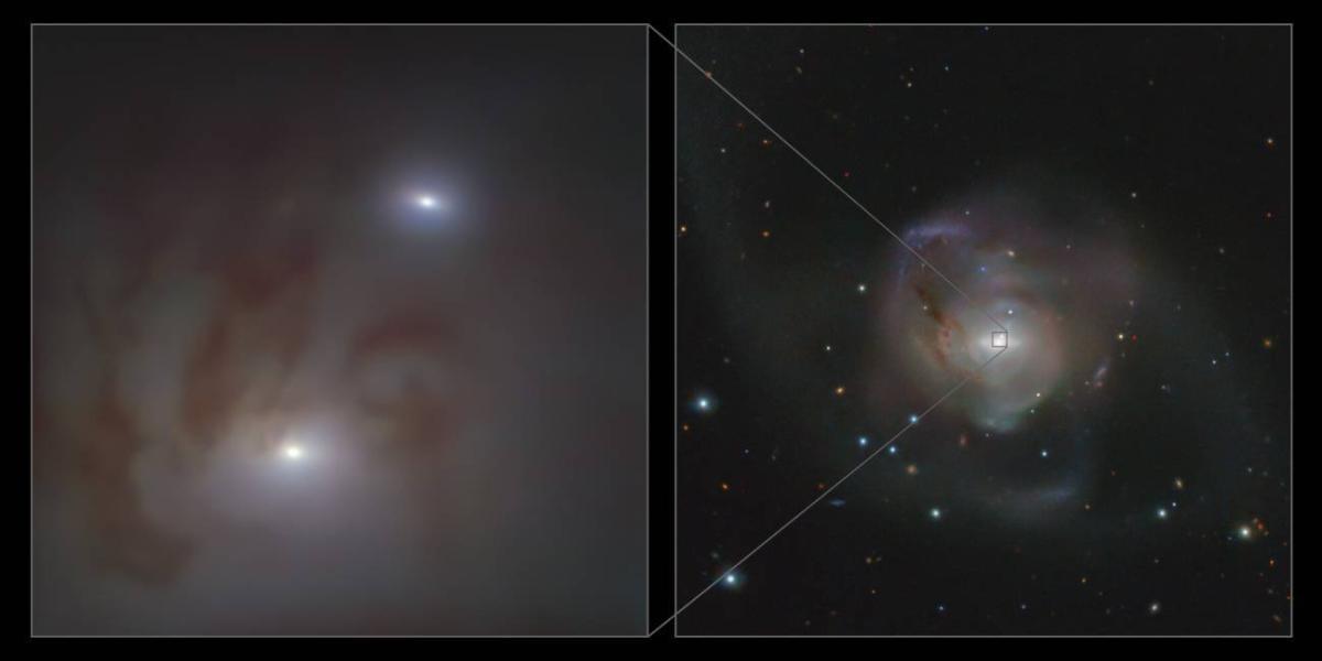 Vistas en primer plano (izquierda) y de amplio campo (derecha) de los dos núcleos galácticos brillantes que albergan, cada uno, un agujero negro supermasivo. Se encuentran en NGC 7727, una galaxia ubicada a 89 millones de años luz de la Tierra. /