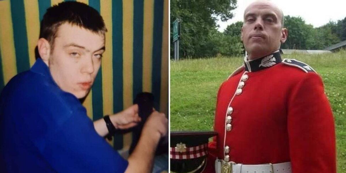 Paul Boggie fue un adicto a la heroína (izquierda) durante muchos años antes de cambiar su vida y unirse a los Guardias Escoceses (derecha).