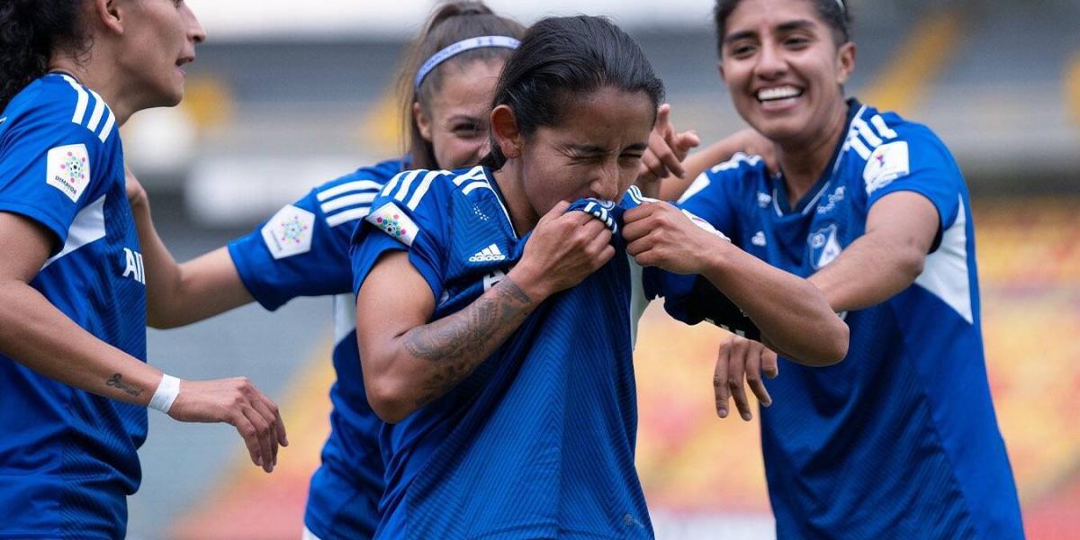 Celebración del gol de Liseth Aroca, con el que Millonarios le ganó a Cortuluá Yumbo Industriales.