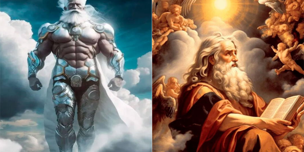 En algunas imágenes se ve Dios como un Dios griego.