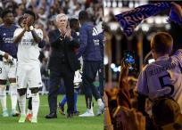 El entrenador del Real Madrid Carlo Ancelotti (2i) aplaude junto a sus jugadores al finalizar el partido de la jornada 34 de la Liga.