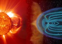 Ilustración que muestra la interacción entre las particulas eyectadas por el Sol y el campo magnético terrestre.