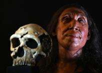 A picture shows the rebuilt skull and a physical reconstruction of the face and head, of a 75,000-year-old Neanderthal woman, named Shanidar Z, after the cave in Iraqi Kurdistan where her skull was found in 2018, at the University of Cambridge, eastern England, on April 25, 2024. A UK team of archaeologists on Thursday revealed the reconstructed face of a 75,000-year-old Neanderthal woman as researchers reappraise the perception of the species as brutish and unsophisticated. Emma Pomeroy, the Cambridge palaeo-anthropologist who uncovered Shanidar Z, said finding her skull and upper body had been both "exciting" and "terrifying". Named Shanidar Z after the cave in Iraqi Kurdistan where her skull was found in 2018, the latest discovery has led experts to probe the mystery of the forty-something Neanderthal woman laid to rest in a sleeping position beneath a huge vertical stone marker. (Photo by Justin TALLIS / AFP) / TO GO WITH AFP STORY by Helen ROWE