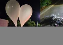 En la imagen de la izquierda, los globos que envió Corea del Norte. En la derecha, la basura que llevaban.