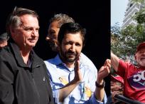 Combo de fotografías de el alcalde de São Paulo, Ricardo Nunes, con el exmandatario ultraderechista Jair Bolsonaro (2019-2022) y el diputado Guilherme Boulos, candidato apoyado por el presidente brasileño, Luiz Inácio Lula da Silva, este domingo durante campañas electorales en Sao Paulo (Brasil). Nunes obtuvo un 29,49 % de los votos, frente al 29,06 % que logró Boulos, en una de las contiendas más igualadas de las últimas décadas en la capital paulista y que solo se definió con el 99,52 % del escrutinio completado, según los datos del Tribunal Superior Electoral (TSE). EFE/ Sebastiao Moreira