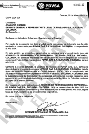 Description: Esta es la carta de la matriz de PDVSA en Venezuela a su sucursal en Colombia.