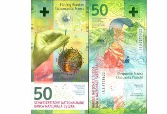 50 francos (Suiza): En el frente muestra una mano que sostiene una flor de diente de león y el viento lleva las semillas. Además, tiene el símbolo de la cruz suiza. En el reverso tiene a un deportista sobrevolando en parapente un campo del país.