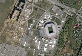 Este es el Estadio Otkrytiye en Moscú capturado de los Satélites de las Pléyades. Aunque algunos lo llevaron al límite, los 12 estadios se completaron a tiempo para la Copa del Mundo del 14 de junio al 15 de julio en Rusia.