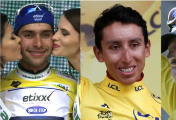 Fernando Gaviria (izq.), Egan Bernal y Víctor Hugo Peña, los colombianos que han sido lideres del Tour de Francia.