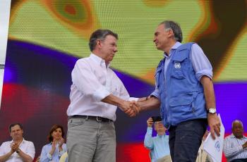 Juan Manuel Santos, el presidente de Colombia en el acto de dejación de armas.
