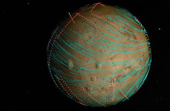 Visualización generada por computador de las rutas orbitales (puntos blancos) tomada por la nave espacial Maven al mapear los vientos (líneas azules) en la atmósfera superior marciana. Las líneas rojas que provienen de los puntos blancos representan la velocidad y dirección del viento local, medida por el instrumento de espectrómetro de masa de iones y gas neutro de Maven.