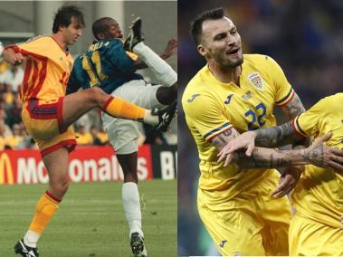Rumania venció a Colombia en sus dos partidos en Copa del Mundo. A la derecha, el festejo de Dennis Man.