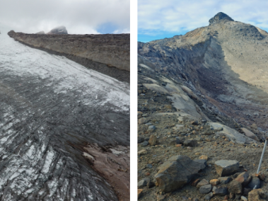 Fotografías 9 y 10 . Extinción del glaciar del sector Conejeras entre 2018 (izquierda) y 2024 (derecha). Autor, Ceballos. J