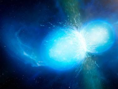 Representación artística de la fusión de dos estrellas de neutrones.