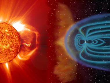 Ilustración que muestra la interacción entre las particulas eyectadas por el Sol y el campo magnético terrestre.