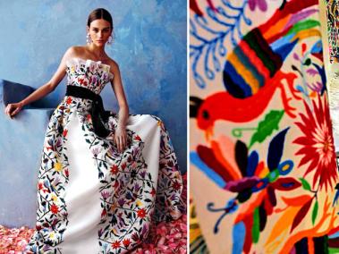 Vestido de la colección Resort 2020, de Carolina Herrera (izq.). Una de las bordadoras oaxaqueñas que elaboran los estampados en los que se basó el traje cuestionado (der.).