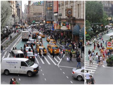 Así lucía el Herald Square (en Manhattan) antes de la intervención y así se ve hoy, diez años después: diseñado para la gente y no para los carros.