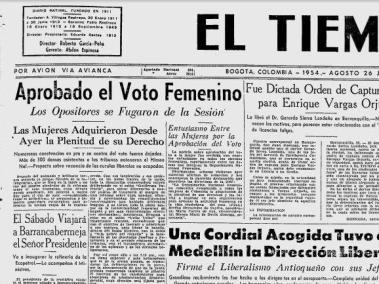 Periódico EL TIEMPO del 26 de agosto de 1954 hace referencia al voto femenino