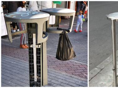 En Bogotá hay dos tipos de cestas de basura, plásticas y metálicas, pero ninguna se ha visto a salvo del vandalismo.