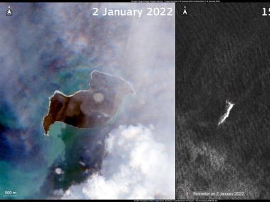 Imagen satelital de la isla del volcán Hunga Tonga antes y después del 15 de enero.