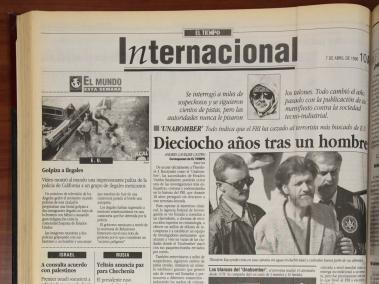 Foto de archivo de cómo EL TIEMPO registró la historia de Unabomber en los años 90.