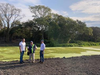 El ingeniero José Sarmiento (centro) ayuda en la recuperación de humedal El Yulo. A la der., José Luis Trujillo, director de regional, y a la izq., Luis Fernando Sanabria, director general de la CAR.