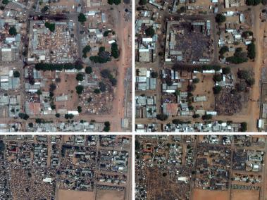 NYT: Un área de mercado  y una escuela , antes y después de los ataques en El Geneina.
