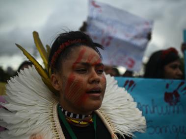 Indígenas de diferentes etnias participaro en una marcha por la demarcación de tierras, y contra la violencia en tierras indígenas y el agronegocio, un día antes de la 
cumbre de los países amazónicos, en Belém, Pará (Brasil).