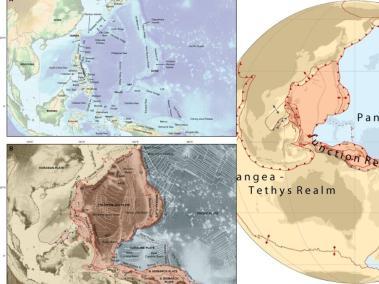 Mapa de los reinos tectónicos de placas Pangea-Tetis y Panthalassa separados por la región de la unión.