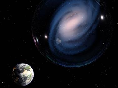 Representación artística de la galaxia espiral barrada ceers-2112, similar a la Vía Láctea, y con la Tierra reflejada en una burbuja a su alrededor, recordando la conexión entre ambas galaxias.