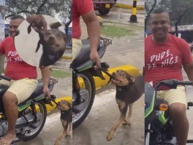 Sin casco y con una sola mano, hombre maneja una moto arrastrando a su perro.